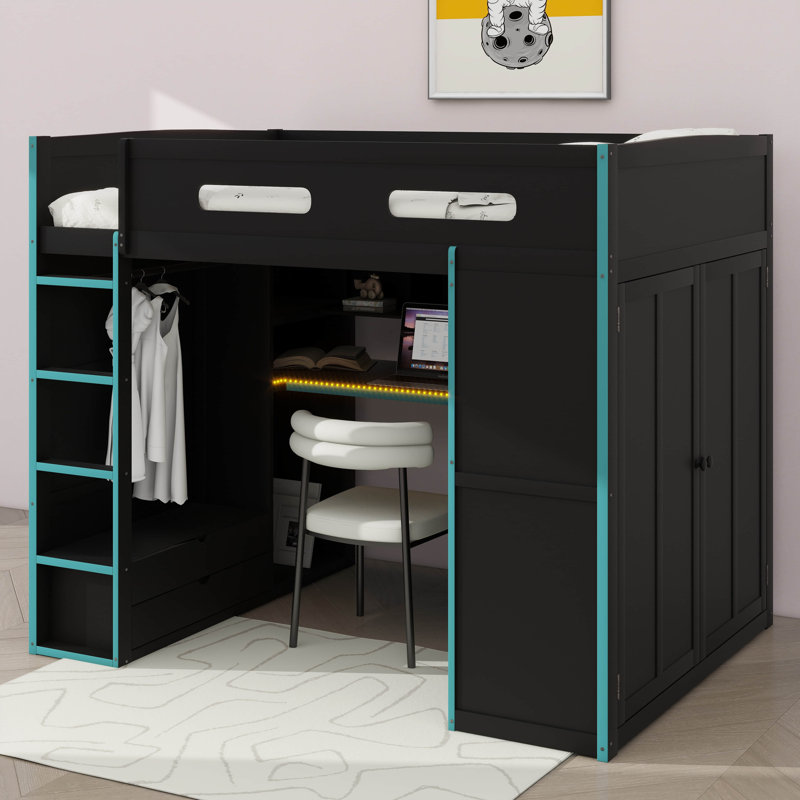 Lit mezzanine double en bois avec bureau intégré, garde-robe, rangement spacieux et système d'éclairage à DEL
