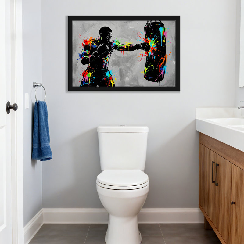 Silhouette colorée de boxe avec éclaboussures de peinture, H 12 po x l 18 po, Grain de bois clair, Cadre photo unique