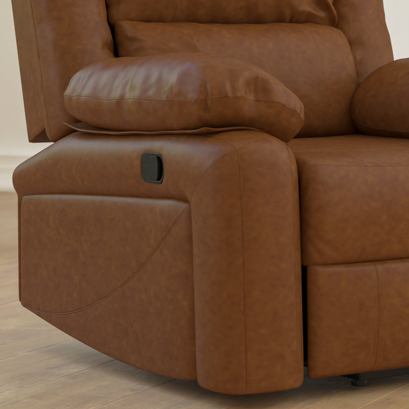Arland Contemprary Faux Leather Pillow Back Recliner, Cognac Leather Match