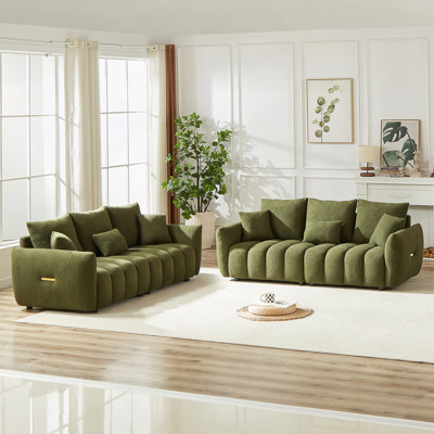 Modern 3-Seater Combo Sofa With Teddy Fabric, Wooden Frame, And Six Cushions For Compact Living Spaces.