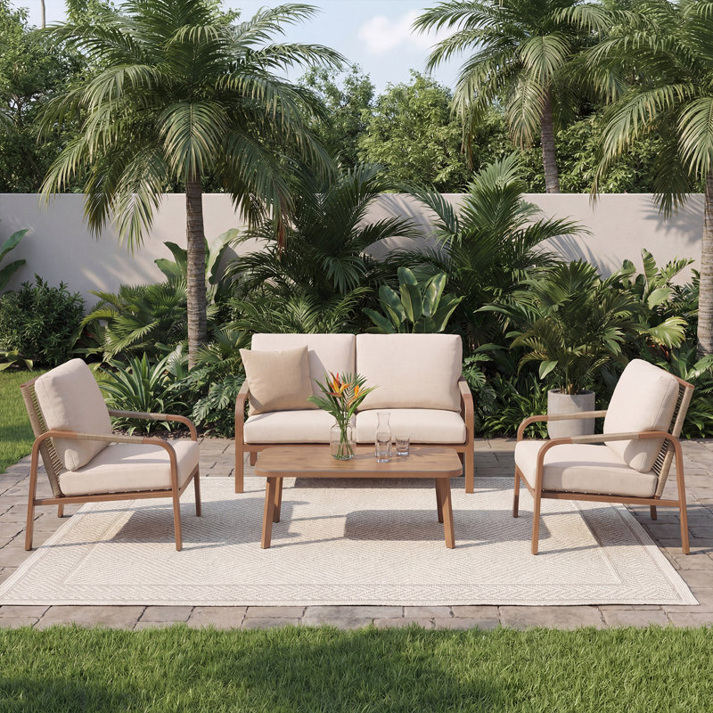  Ensemble de conversation de patio 4 pièces avec cadre en aluminium, dossier en rotin PE et coussins imperméables, canapé d'extérieur et table basse pour balcon de jardin, beige