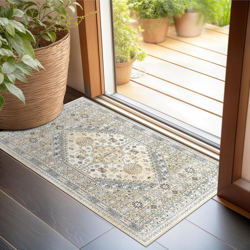 Medallion Non Slip Washable Rug(Beige), Rectangle 2' x 3'