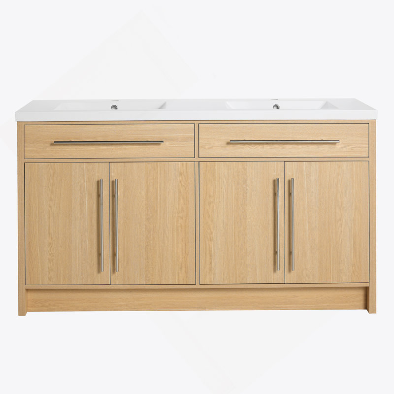 Meuble-lavabo autoportant de 60 po avec lavabo en résine, 4 portes à fermeture douce, chêne original, contreplaqué (KD-PACKING)