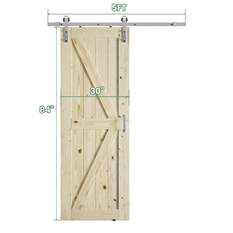 Porte de grange à panneaux en bois massif sans finition avec quincaillerie en nickel brossé, 30 po x 84 po