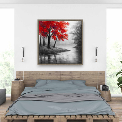 Red Trees and Lake - Contemporary Framed Canvas Art for Home