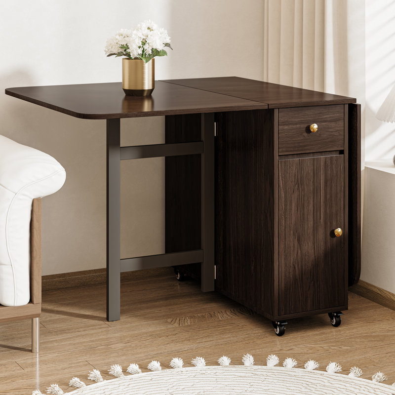 2-6 People Extendable Dining Table with Storage, 12'' to 59''W Space-saving Wood Folding Kitchen Table, Modern Moveable Walnut Finish Kitchen Island with Wheels and Drop Leaves for Kitchen and Dining Room, Brown