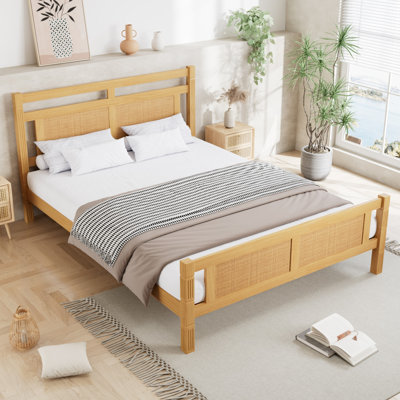 Wooden Bed with Rattan Paper Panel, Sturdy Slats – Pine+MDF+Plywood
