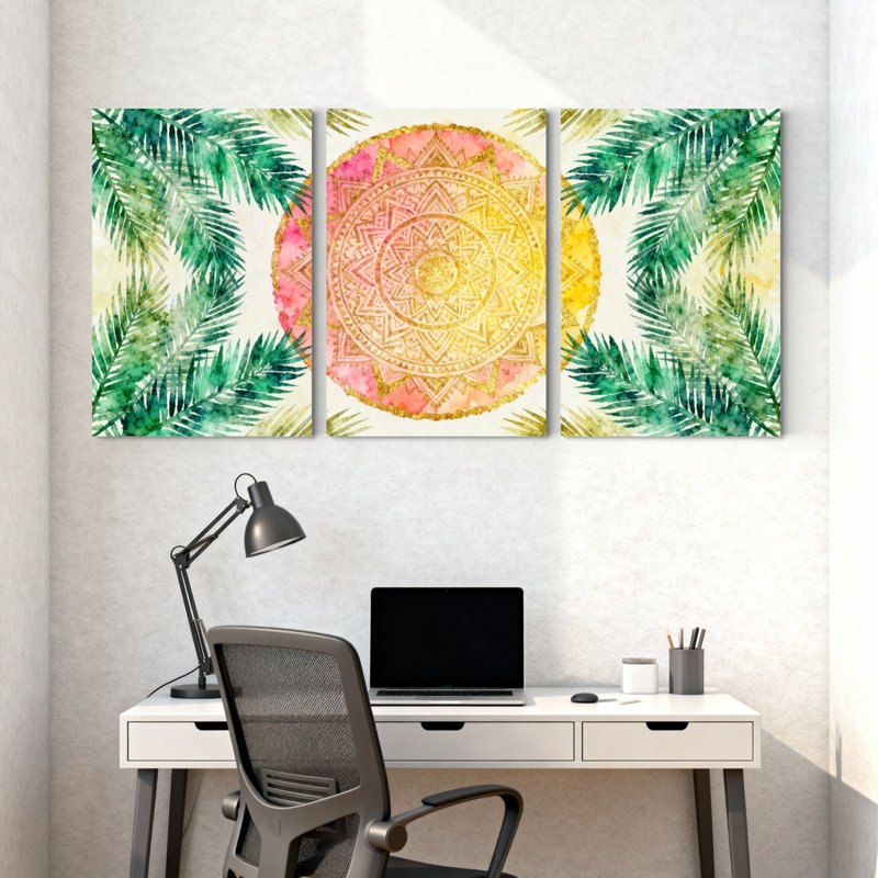 Palmiers, feuilles tropicales et mandala doré, ensemble de 3 impressions sur toile, H 18 po x l 36 po