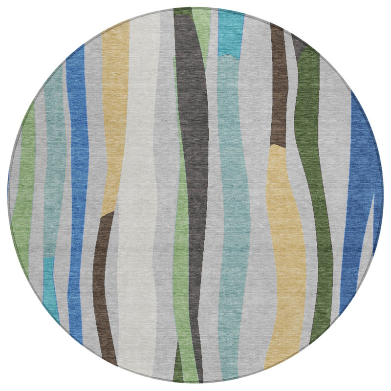 Machine Washable Indoor/Outdoor Husby ACN2188 Striped Rug, Round 8'