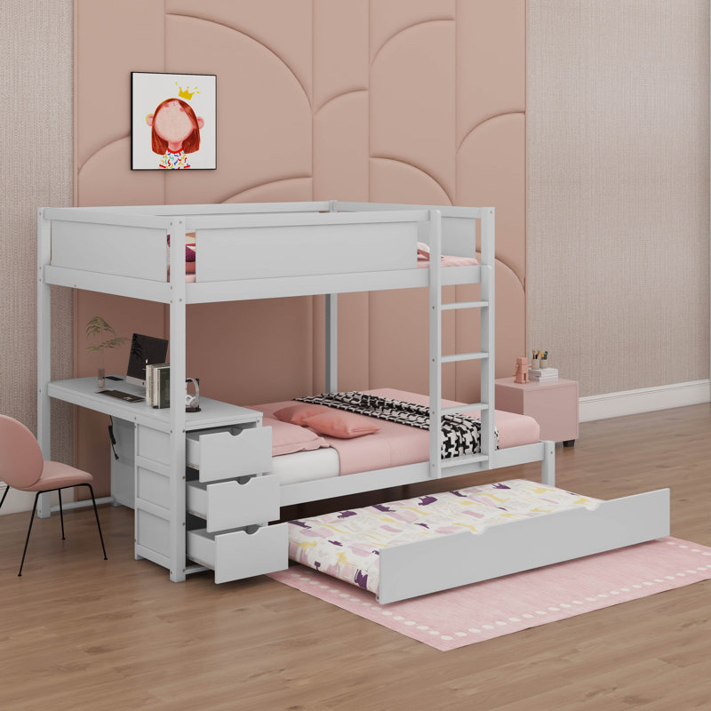 Lit double superposé double avec lit gigogne simple, bureau sous le lit et tiroirs de rangement, aucun sommier nécessaire