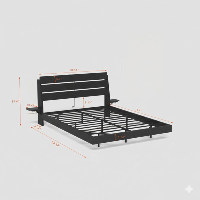 Base de lit flottante pour grand matelas, comprend des lumières DEL et une station de charge. Structure de lit en bois pour grand lit avec tête de lit, aucun sommier nécessaire, facile à assembler, en noir.