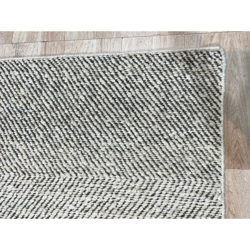 Ivory Hand-Knotted Wool Herringbone Horizon Geometric Modern Contemporary Carpet Rug, 6' x 9'