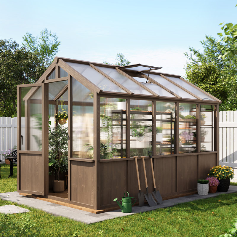 6x10 ft Greenhouse for Outdoors, Large Wooden Greenhouses with Adjustable Roof Vent & PC Panels & Lockable Door, Heavy Duty Spruce Frame Green House for Garden, Backyard, Patio