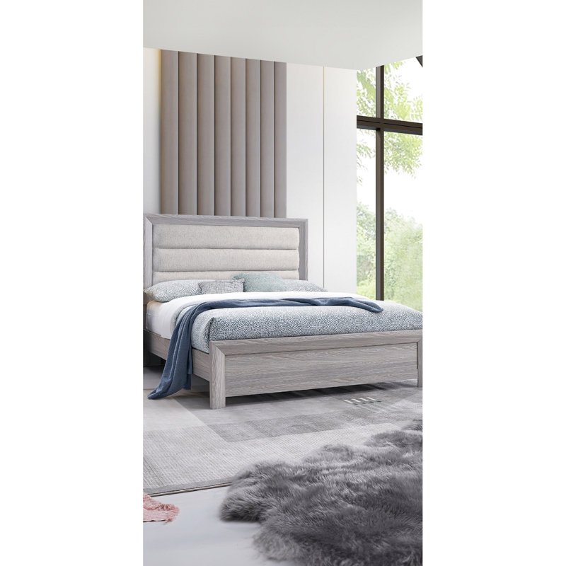 King Panel Bed Of Contemporary Style, Featuring Driftwood Finish, Upholstered Channel Headboard In Neutral Grey Hue Design, And Tufting
