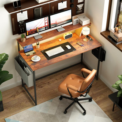 Computer Desk With Power Outlets Fast Charging Type-c Included, Gaming Desk With Led Lights, 47" Office Desk With Adjustable Monitor Stand, Small Desk Home Office Desks With Storage Bag & Hook