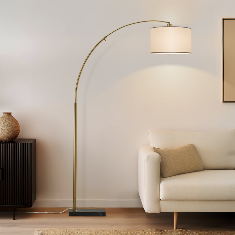 Logan 76" Modern Adjustable LED Arc Floor Lamp with Gold Finish, Black Marble Base, and White Fabric Drum Shade, Bulb Included