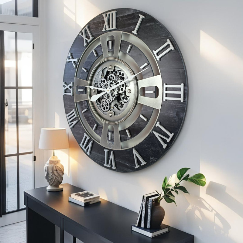 Wall Clock 24" Oversized for Living Room decor with Real Moving Gears England Collection, Vintage Black