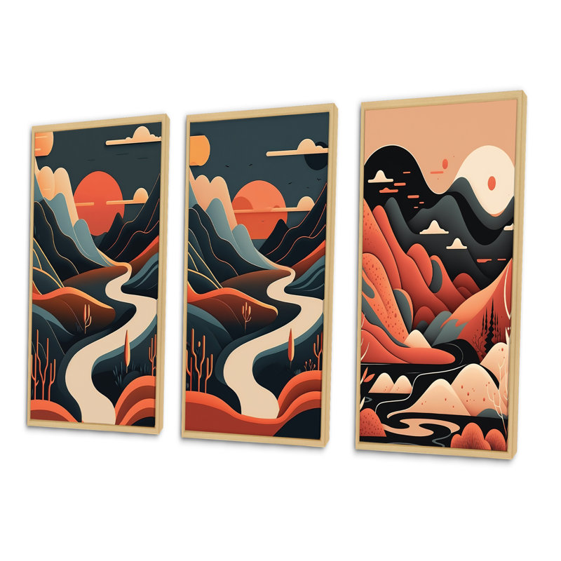 «Pine Tree In Graphic Terra Cotta Mountain Landscape», 3 pièces sur toile, Cadre naturel flottant, H 40 po x l 60 po