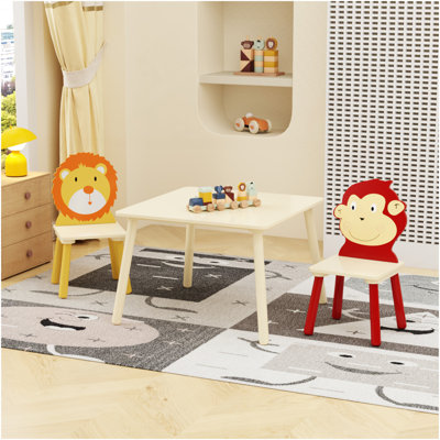 Kids Table And 2 Chairs Set, 3 Pieces Toddler Table And Chair Set, Wooden Activity Play Table Set (Lion&Monkey)