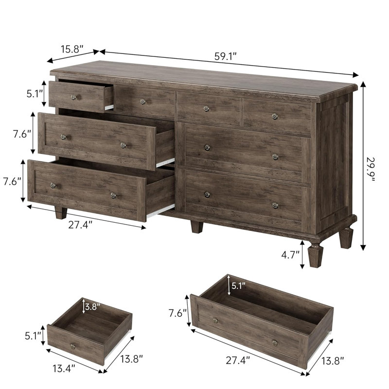 Commode 8 tiroirs MemoryField, commode longue 59 po avec poignées sculptées et pieds fuselés, commodes en bois avec rangement de grande capacité, gris rustique