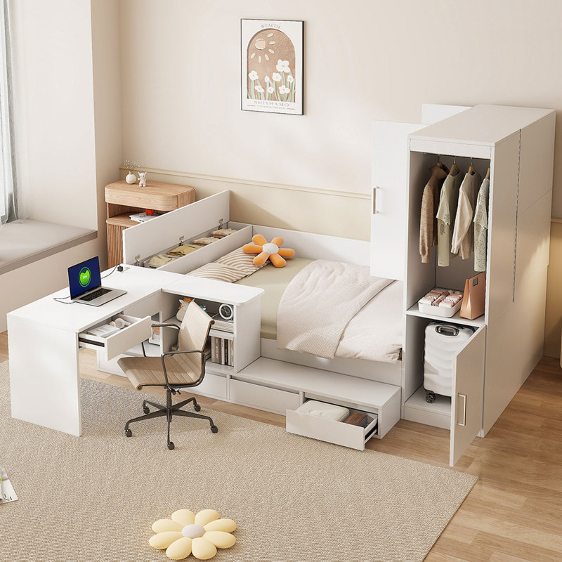 Lit plateforme en bois avec 6 tiroirs, tablettes, bureau et garde-robe, Blanc