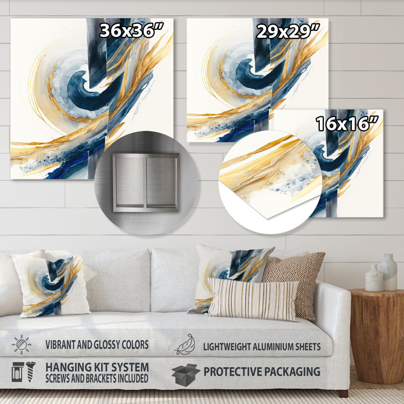 Bleu et or tourbillon abstrait V - décoration murale moderne en métal, H 23 po x l 23 po x P 1 po