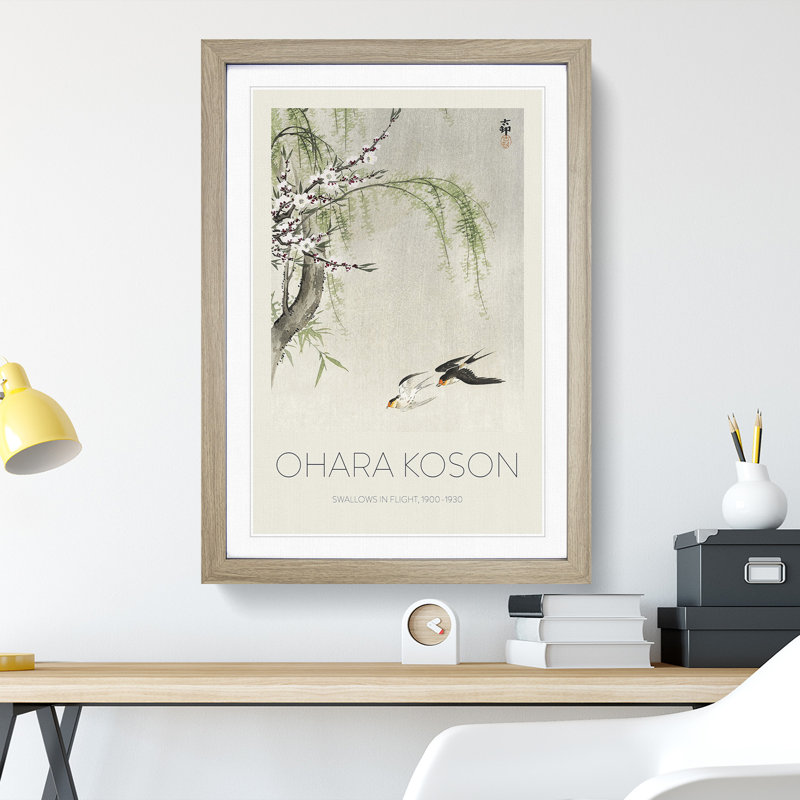 Two Swallows in Flight by Ohara Koson - Picture Frame Art Prints, 65cm H x 48cm W x 2cm D, Oak