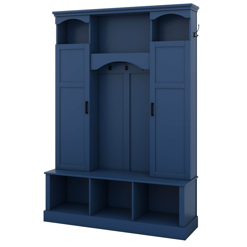 Hall Tree With Bench And Shoe Storage, Tree With Adjustable Shelves, Arched Storage Bench With Cabinets, 7 Hooks, Blue