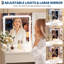 Bureau de maquillage avec miroir lumineux à 3 couleurs DEL, 4 tiroirs et station de charge, ensemble de meuble-lavabo de chambre à coucher avec prises USB / Type-C, tabouret de rangement et tablettes ouvertes-547140721