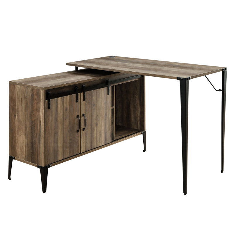 Rustic Oak Writing Desk With Hidden Storage Behind Sliding Barn Door, Metal Leg Frame, Cord Management Kit Pouch Work Door Compartments, Support, Arrangement Case