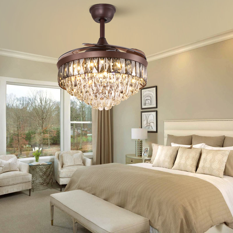 Kaelig 42" Crystal  Invisible Ceiling Fan Light with Remote Control, Retractable Fan Blades
