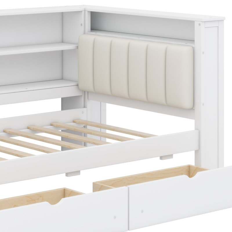 Lit plateforme en bois avec tablettes de rangement, tiroirs, station de charge, DEL, bureau et tête de lit tapissier, Blanc