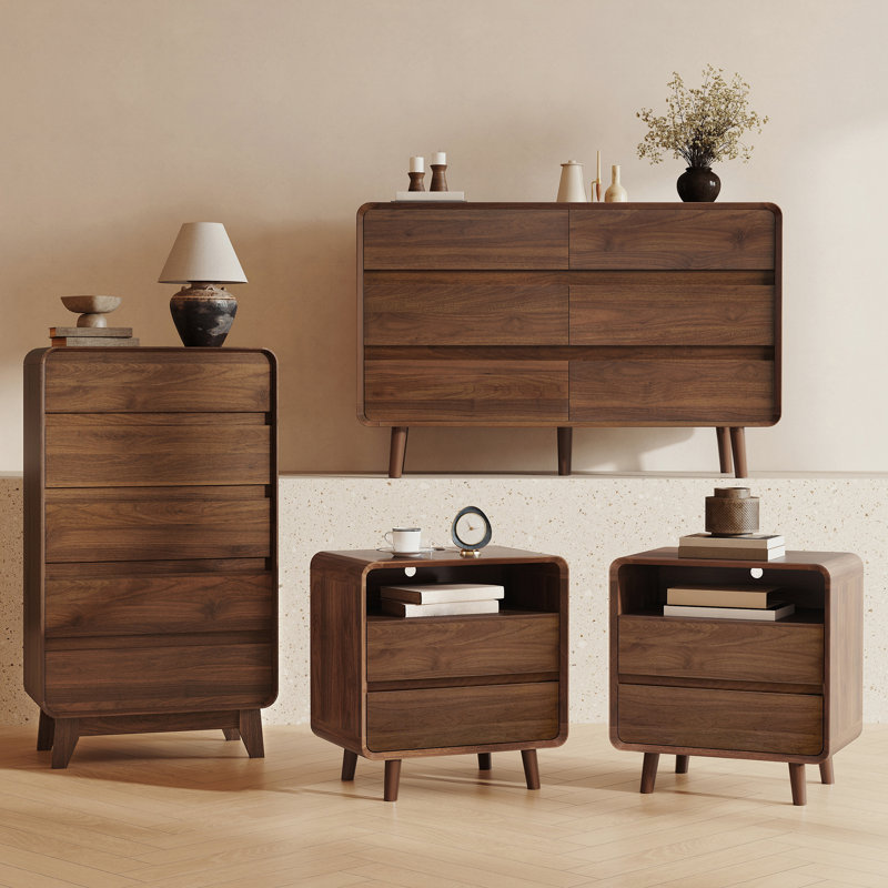 Ensemble de 2 commodes et tables de chevet, Commode à 6 tiroirs en noyer, Commode haute en noyer, Ensemble de 2 tables de chevet