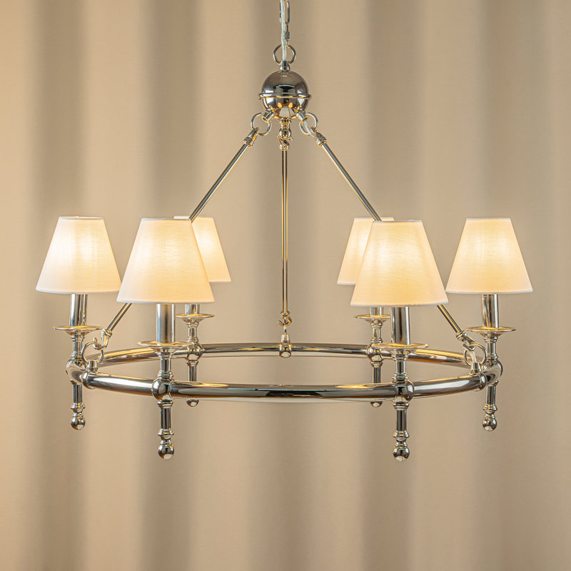 Lustre en roue de chariot 6 lumières avec abat-jour pour salle à manger Abdijabar, Nickel poli