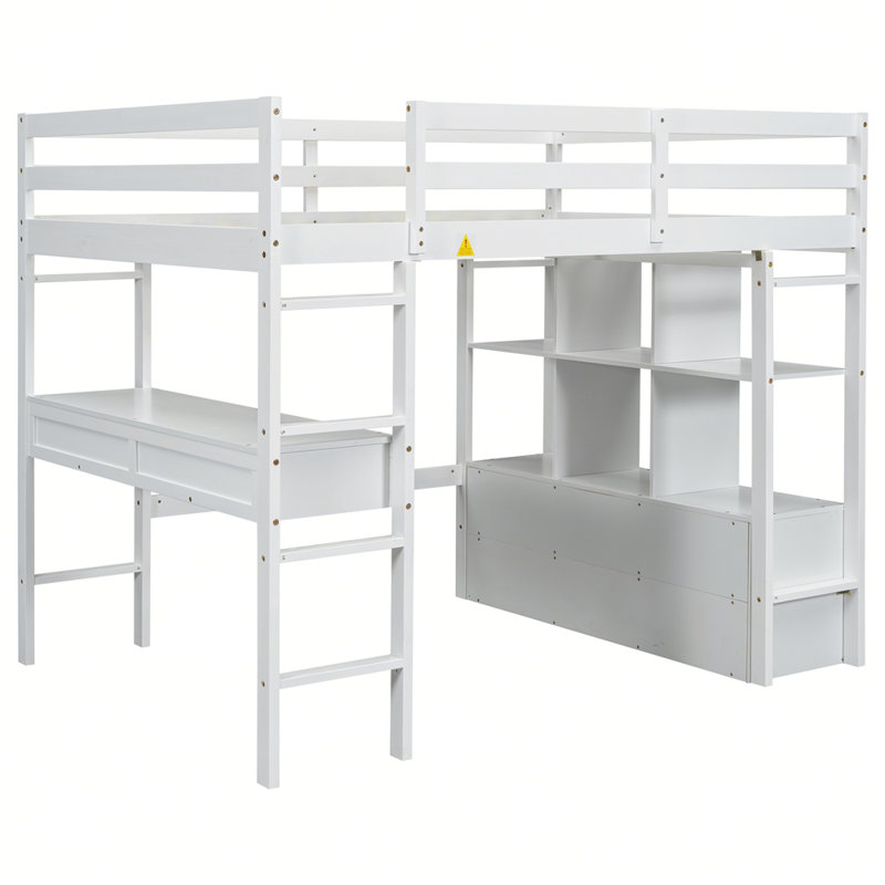 Lit mezzanine avec bureau intégré avec deux tiroirs et tablettes et tiroirs de rangement, Blanc