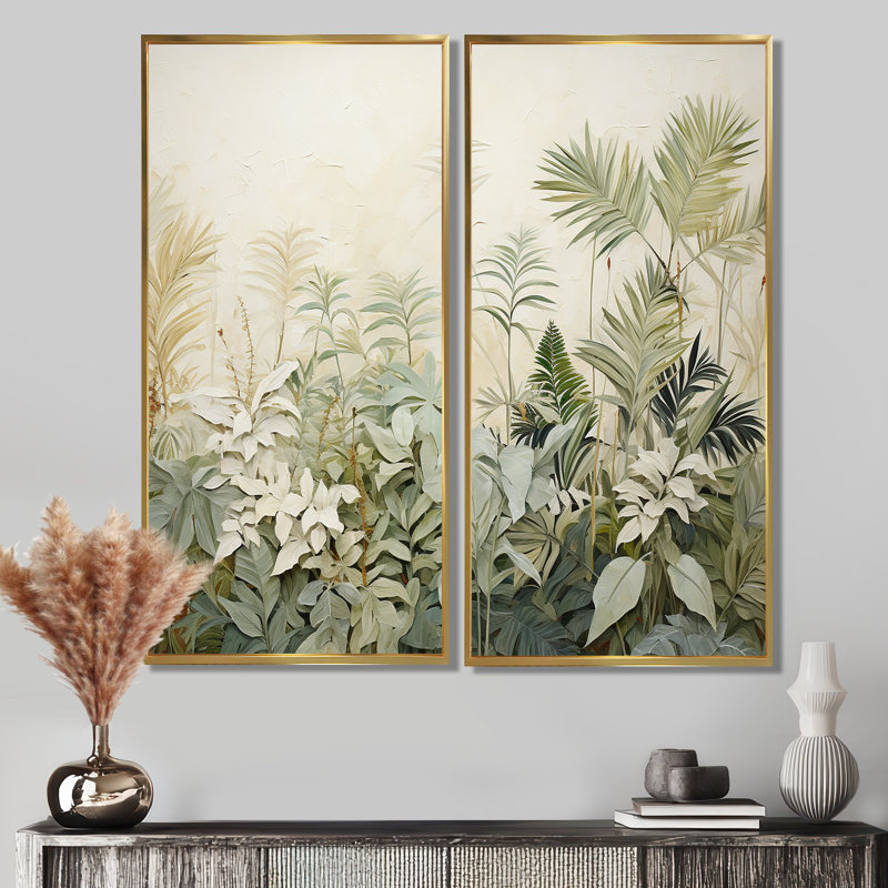 Paysage de jungle rétro I - art mural vert, 40" H x 40" W, Impression encadrée flottante, Gold