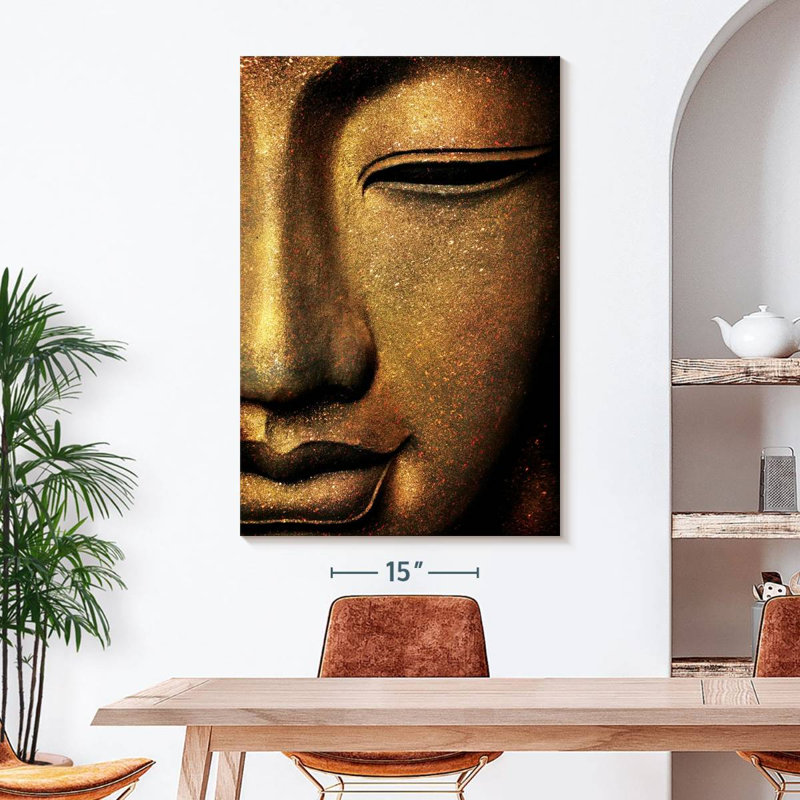 Visage de Bouddha doré sur toile, H 48 po x l 32 po x P 1,25 po