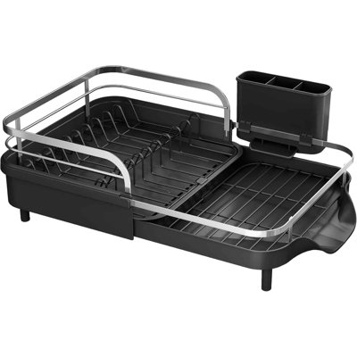 Expandable Rust-Resistant Dish Drainer with Utensil Holder and Raised Guardrail,Black