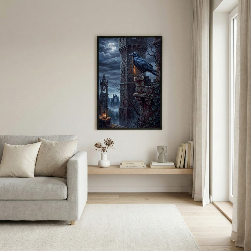 Art mural sur toile, "Black Raven on Gothic Castle Tower Under Full Moon", 30"H x 20"W