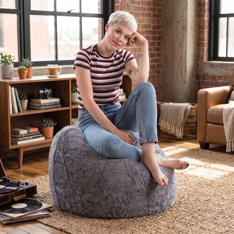 Fauteuil à billes et chaise longue Fluffy, Polyester gris en fausse fourrure