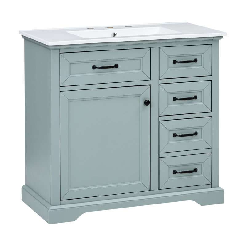 Meuble-lavabo de 36 po avec lavabo gris en céramique, 4 lavabos à porte souple, lavabo en céramique, porte, Gris