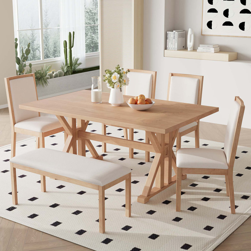 Table de salle à manger 6 pièces avec 4 chaises rembourrées et banc Farmhouse Classical, Naturel, Naturel
