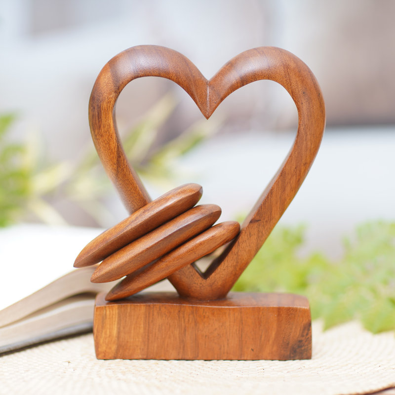 Heart Power Hand Carved Suar Wood Romantic Sculpture