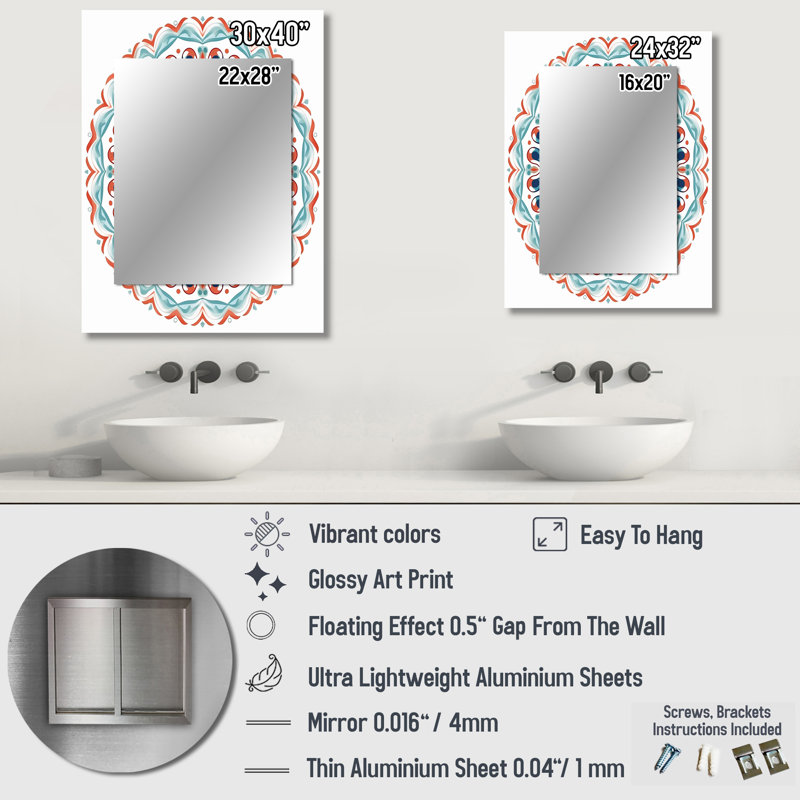 Sacred Mandala In Retro Blue And Orange I - Bohemian Rectangular Wall Mirror, 32" x 24"