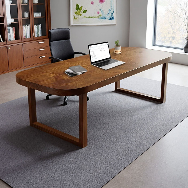 Modern Minimalist Rectangular Solid Wood Desk, Brown Executive Office Desk, 29.53" H x 78.74" W x 31.5" D