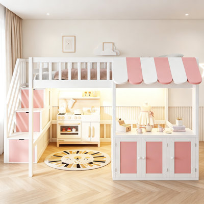 Lit mezzanine double avec marches de rangement, lumière DEL, armoires sous le lit, cadre de lit de style maison de jeu pour filles et garçons, blanc et rose