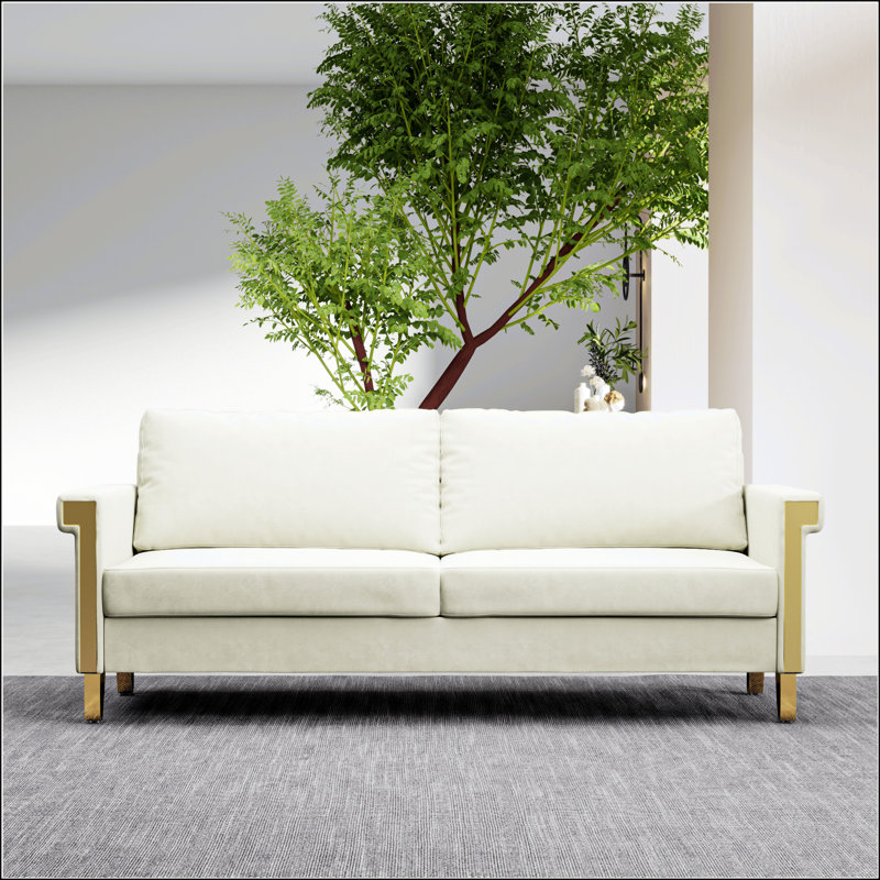 Canapé 2,5 places en velours brillant 100% polyester avec bordure dorée et coussins confortables parfaits pour la maison ou le bureau