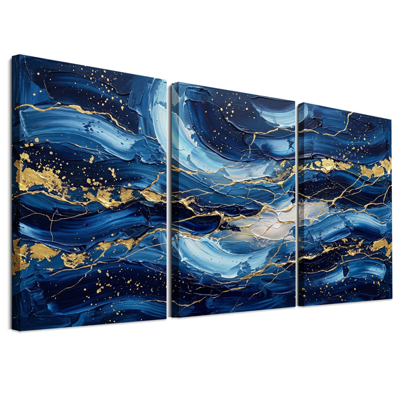 Ensemble de 3 toiles abstraites bleu marine et or texturées, H 24 po x l 16 po x 3 pièces