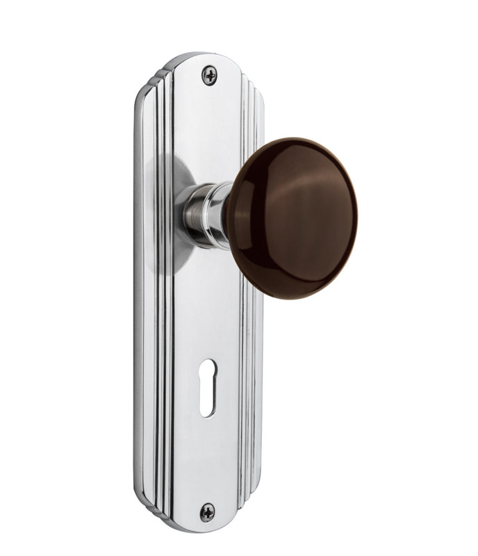Bouton de porte de mortaise intérieure en porcelaine brune avec plaque longue Deco, Chrome brillant