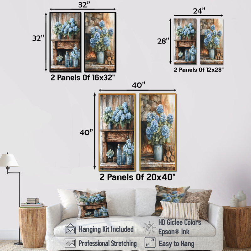Hortensias près du foyer I - impressions sur toile florales 2 panneaux, H 28 po x l 25 po, Toile tendue
